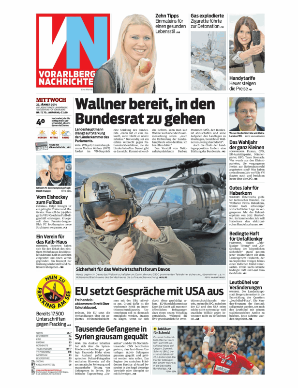 Titelseite der Vorarlberger Nachrichten vom 22. Januar 2014.
