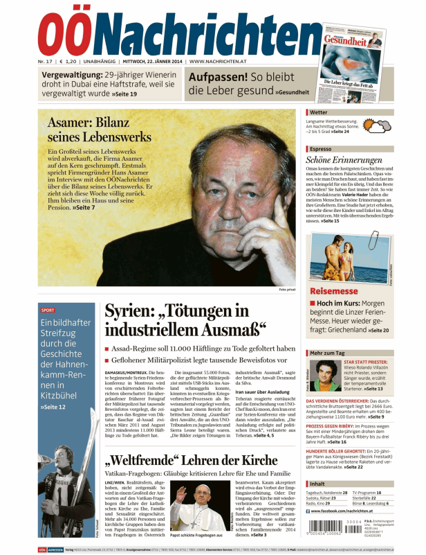 Titelseite der OÖNachrichten vom 22. Jänner 2014.