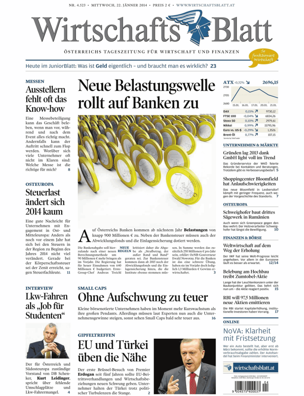 Die Titelseite des Wirtschaftsblatt vom 22. Jänner 2014 mit der Schlagzeile „Neue Belastungswelle rollt auf Banken zu“.