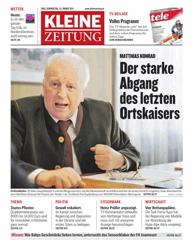 Titelseite der Kleinen Zeitung vom 23. Jänner 2014 mit einem Artikel über Matthias Konrad.