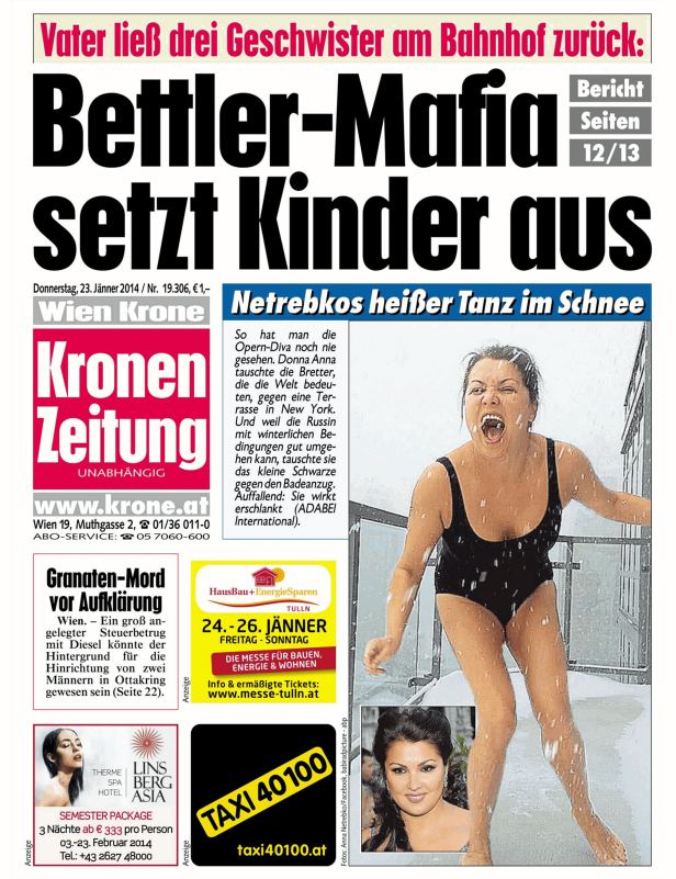 Titelseite der „Kronen Zeitung“ mit einem Artikel über Anna Netrebko, die im Schnee tanzt.