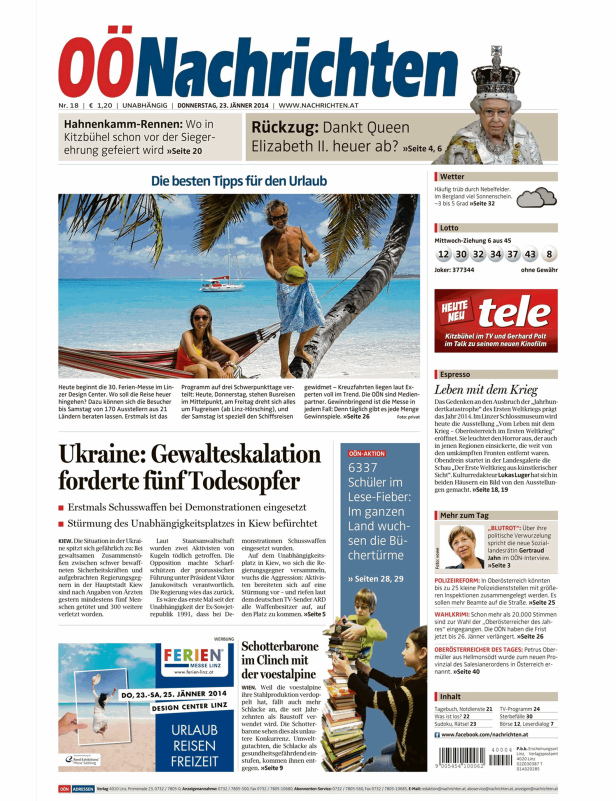 Titelseite der OÖ Nachrichten vom 23. Jänner 2014 mit verschiedenen Artikeln.