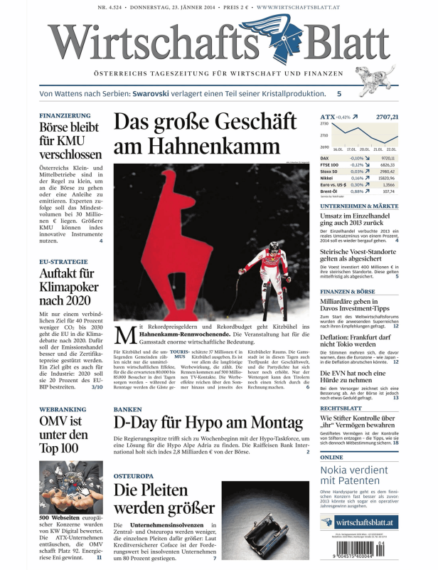 Titelseite des „Wirtschaftsblatt“ vom 23. Jänner 2014 mit dem Titelthema „Das große Geschäft am Hahnenkamm“.