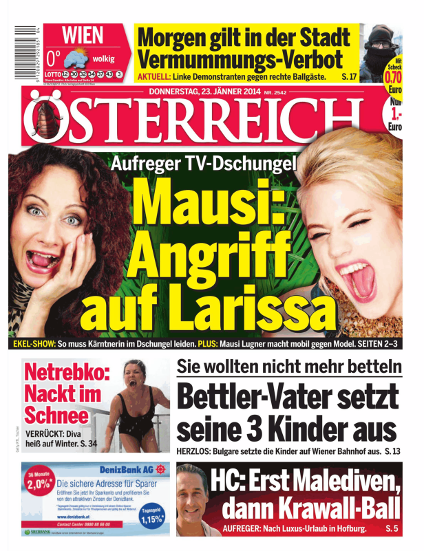 Titelseite der österreichischen Zeitung vom 23. Januar 2014 mit Schlagzeilen zu verschiedenen Themen.