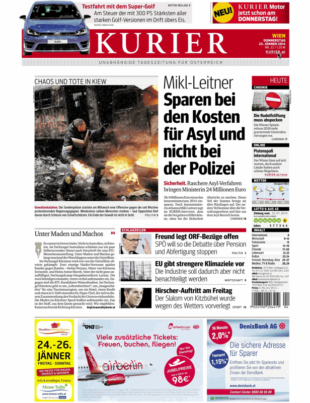Titelseite der österreichischen Tageszeitung Kurier vom 23. Jänner 2014.