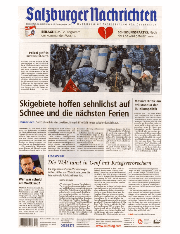 Titelseite der „Salzburger Nachrichten“ vom 23. Januar 2014.