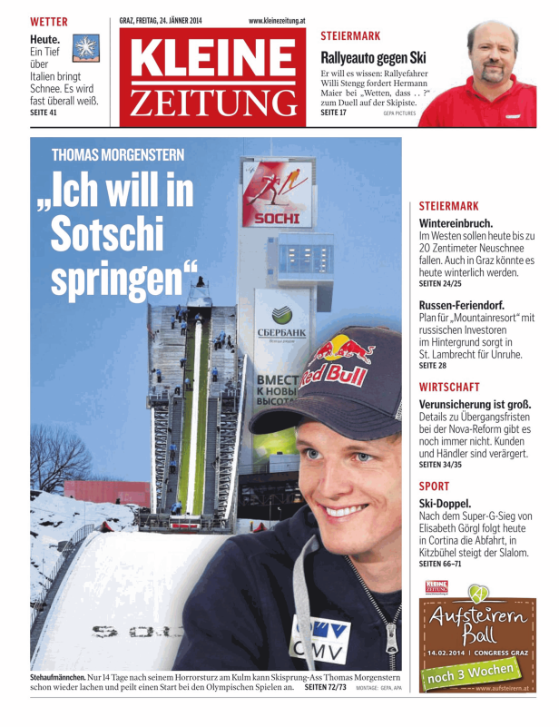Thomas Morgenstern auf dem Titelblatt der Kleinen Zeitung vor einer Skisprungschanze in Sotschi.