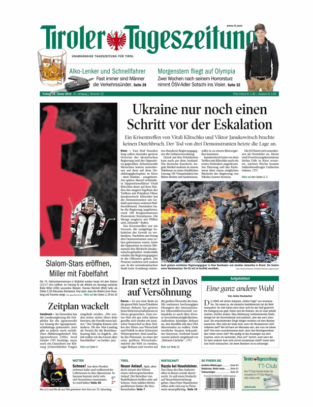 Titelseite der Tiroler Tageszeitung vom 24. Jänner 2014.