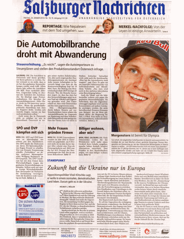 Titelseite der „Salzburger Nachrichten“ vom 24. Jänner 2014.