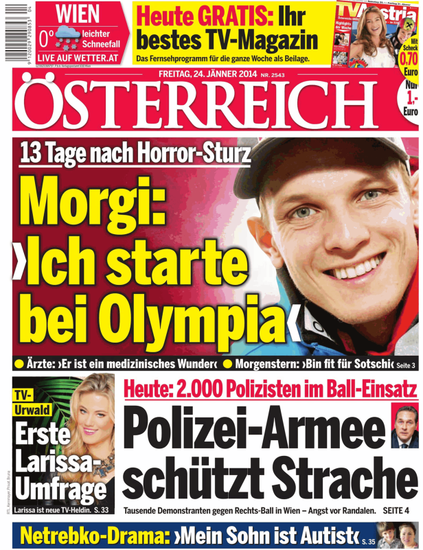 Titelseite der österreichischen Zeitung „Österreich“ vom 24. Jänner 2014.