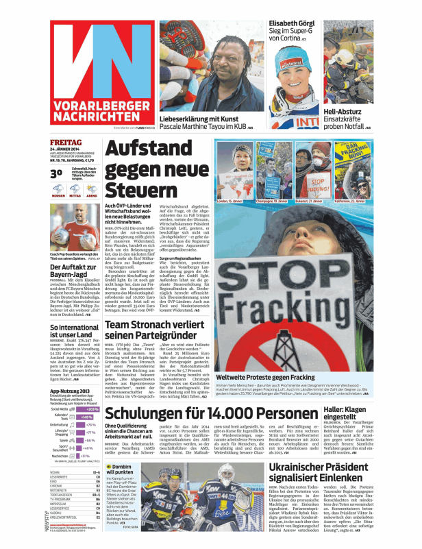 Titelseite der Vorarlberger Nachrichten vom 24. Jänner 2014.