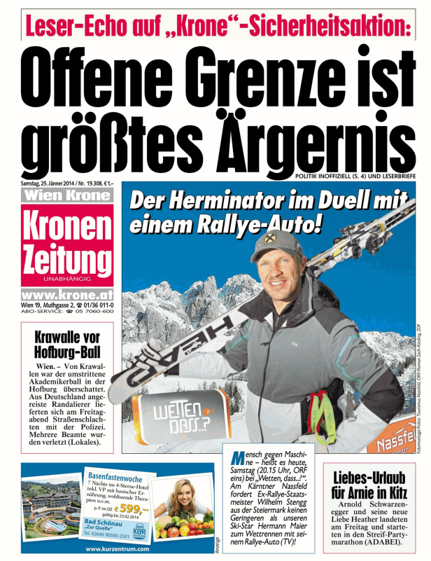 Titelseite der „Kronen Zeitung“ mit Hermann Maier, der zu einem Wettrennen im Rallye-Auto herausgefordert wird.