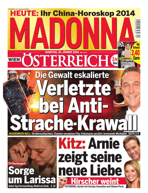 Titelseite der Zeitung „Madonna“ vom 25. Jänner 2014 mit Schlagzeilen zu Anti-Strache-Krawallen und Sorge um Larissa im TV-Dschungel.