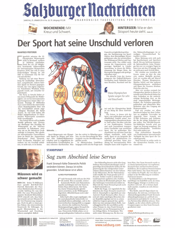 Eine Karikatur zum Thema Olympische Spiele und Sport, abgedruckt in den Salzburger Nachrichten.