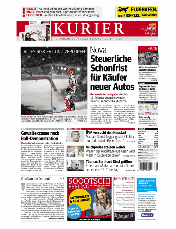 Titelseite des Kurier vom 25. Jänner 2014 mit Nachrichten und Schlagzeilen.