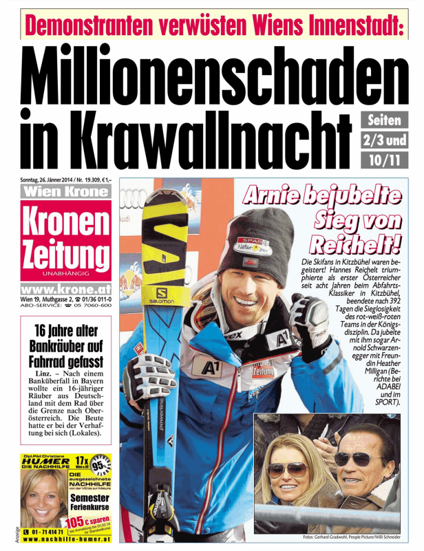 Titelseite der „Kronen Zeitung“ mit einem Artikel über Hannes Reichelt und einem Foto von Arnold Schwarzenegger.