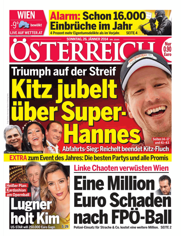 Titelseite der Zeitung „Österreich“ vom 26. Januar 2014 mit Meldungen zu Kitzbühel, Kim Kardashian und dem FPÖ-Ball.
