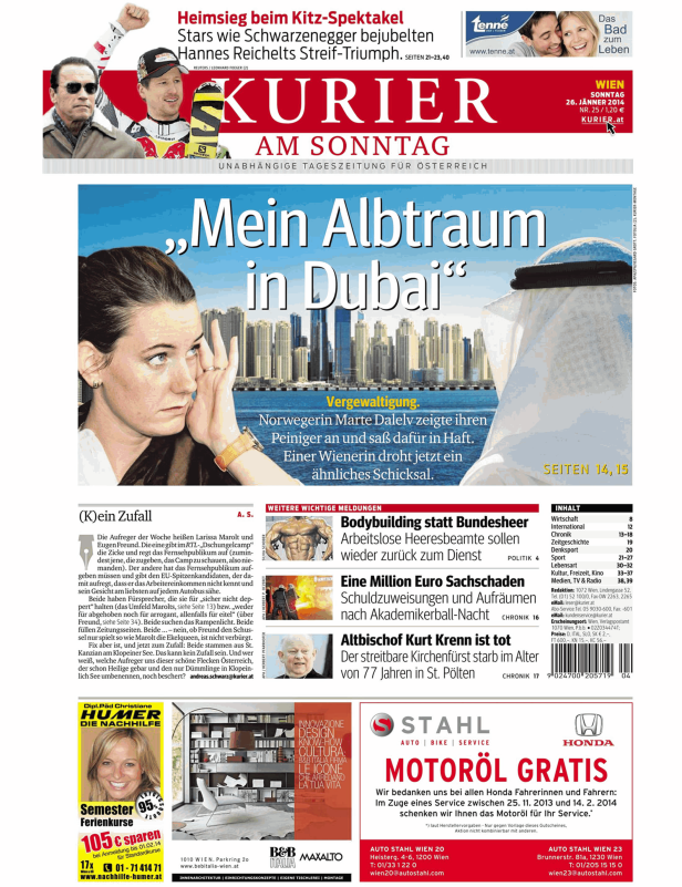 Titelseite des Kurier am Sonntag mit Artikeln über Dubai, Hannes Reichelt und mehr.