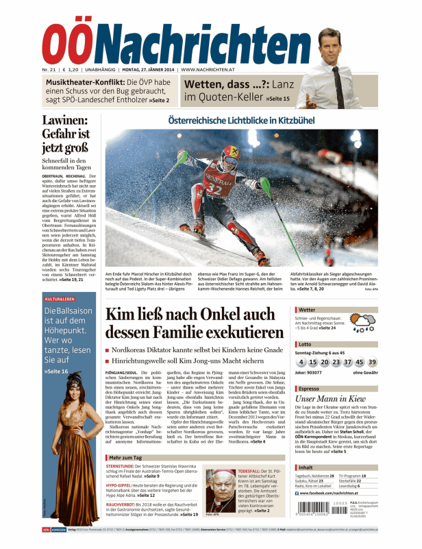 Titelseite der Oberösterreichischen Nachrichten vom 27. Jänner 2014.