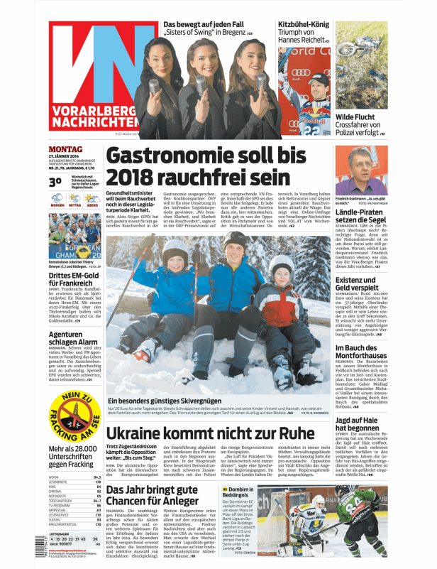 Titelseite der Vorarlberger Nachrichten vom 27. Januar 2014.