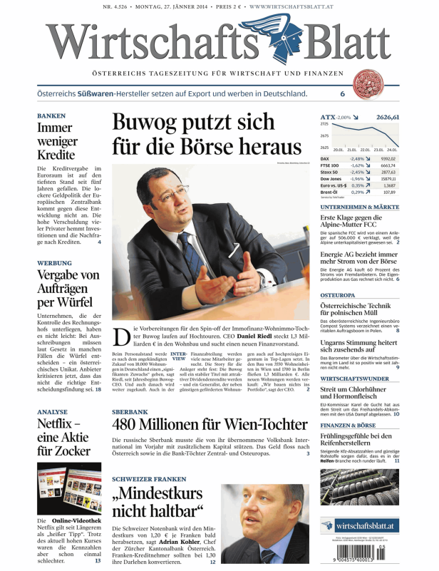 Titelseite des Wirtschaftsblatt vom 27. Jänner 2014 mit Artikeln zu Wirtschaft und Finanzen.