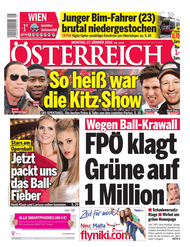 Titelseite der Zeitung „Österreich“ vom 27. Jänner 2014 mit Schlagzeilen zu verschiedenen Themen.