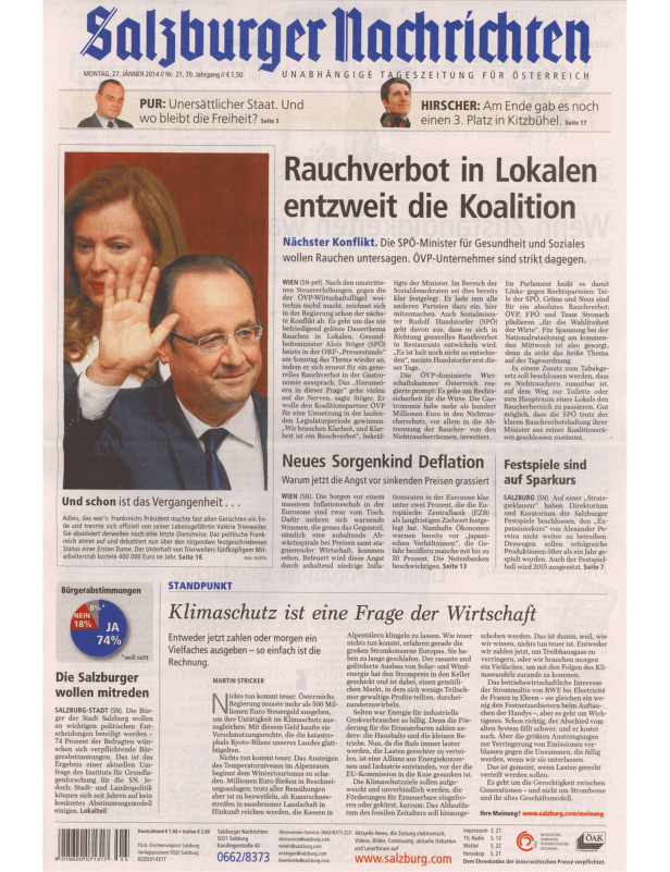 Titelseite der Salzburger Nachrichten vom 27. Jänner 2014.