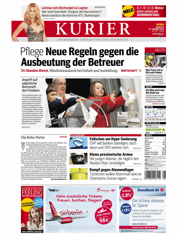 Titelseite des Kurier vom 27. Januar 2014 mit Schlagzeilen zu Pflege, Politik und Sport.