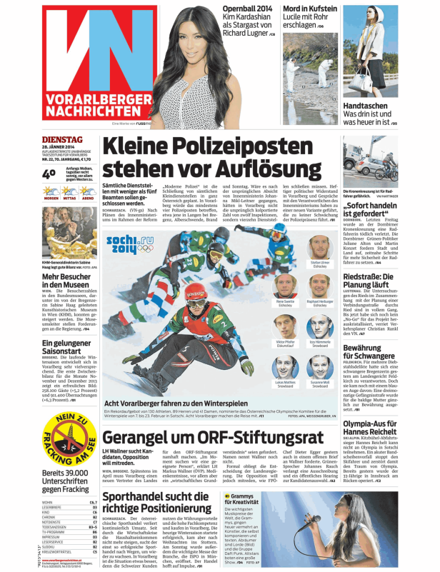 Titelseite der Vorarlberger Nachrichten mit Kim Kardashian als Stargast des Opernballs 2014.