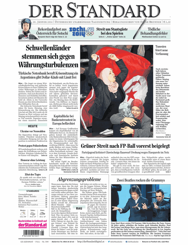 Titelseite der Zeitung „Der Standard“ vom 28. Jänner 2014.