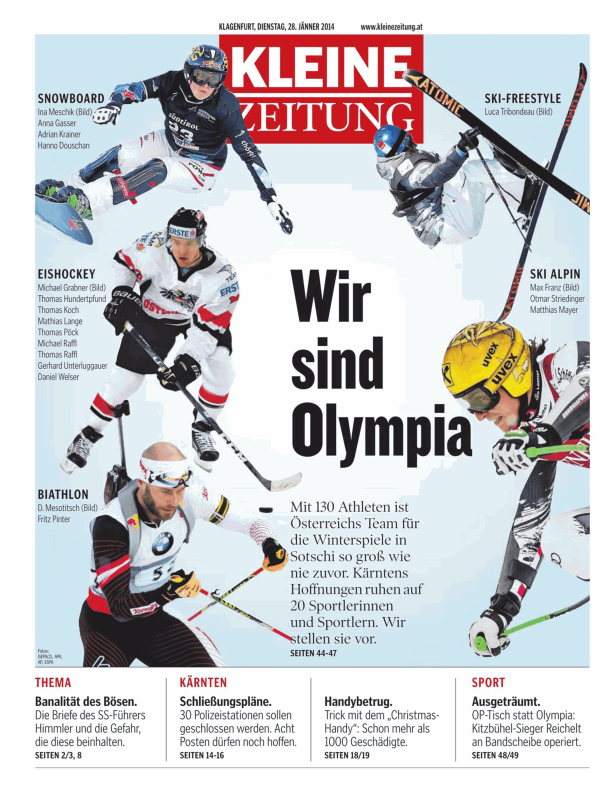 Eine Collage von österreichischen Wintersportlern, die an den Olympischen Spielen teilnehmen.