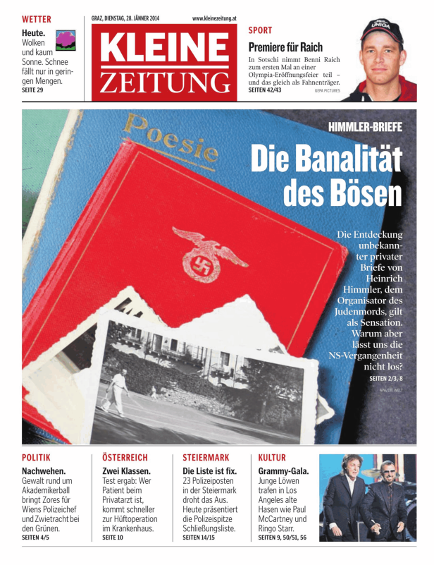 Titelseite der Kleinen Zeitung vom 28. Jänner 2014 mit Artikeln über Politik, Sport und Kultur.