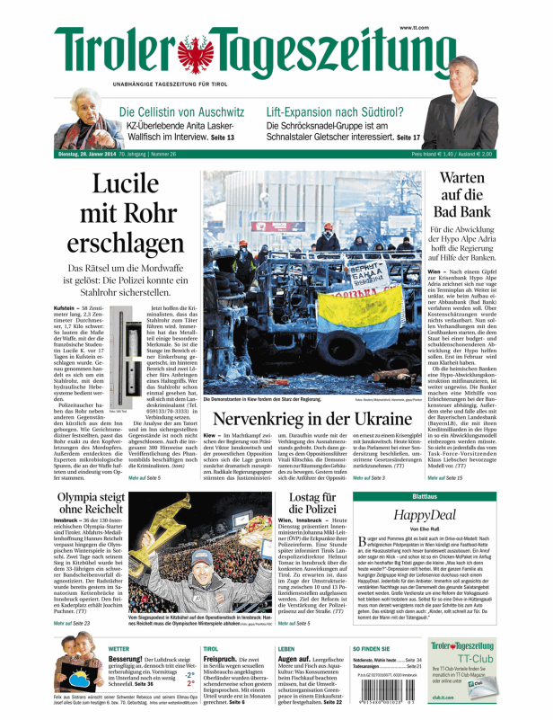 Titelseite der Tiroler Tageszeitung vom 28. Jänner 2014.