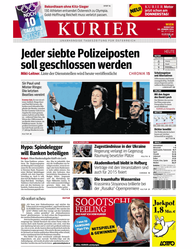 Titelseite des Kurier vom 28. Januar 2014 mit Nachrichten und Schlagzeilen.