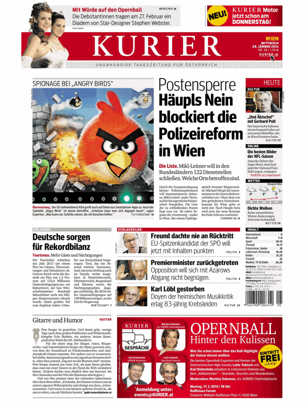 Eine Illustration zum Thema „Spionage bei Angry Birds“ auf der Titelseite des Kurier.