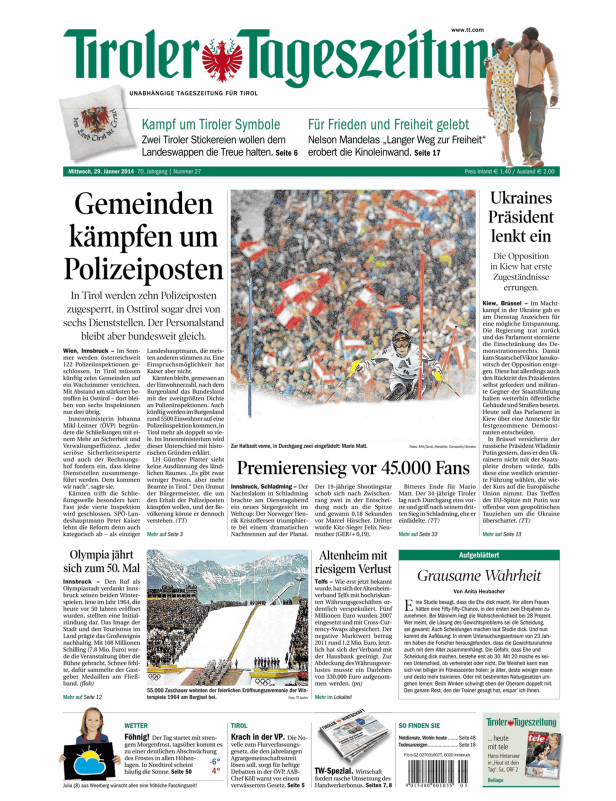 Titelseite der Tiroler Tageszeitung vom 29. Jänner 2014.