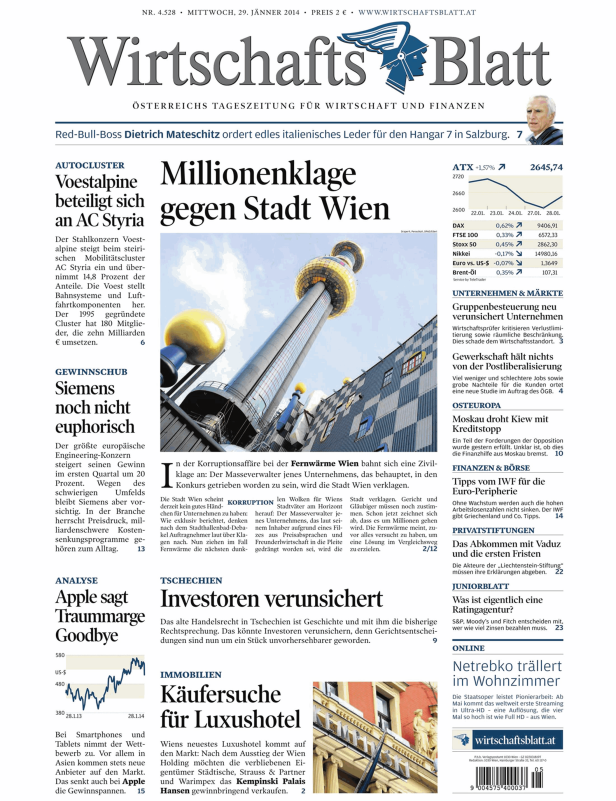 Titelseite des Wirtschaftsblatt mit einer Schlagzeile über eine Millionenklage gegen die Stadt Wien.