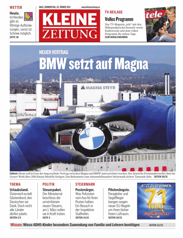 Die Titelseite der Kleinen Zeitung vom 30. Jänner 2014 mit der Schlagzeile „BMW setzt auf Magna“.
