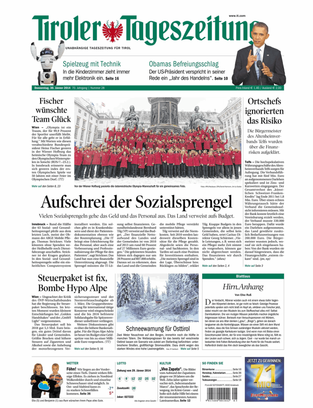 Titelseite der Tiroler Tageszeitung vom 30. Jänner 2014.