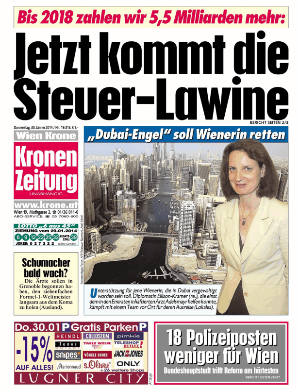 Titelseite der Kronen Zeitung vom 30. Jänner 2014 mit Schlagzeilen zu Steuern, einem „Dubai-Engel“ und Michael Schumacher.