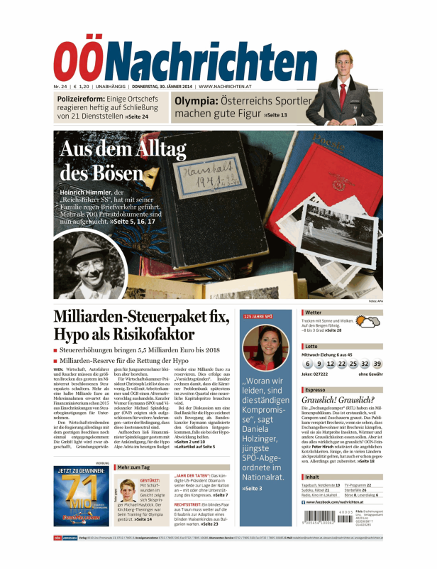 Titelseite der OÖNachrichten vom 30. Jänner 2014 mit Artikeln über Politik und Gesellschaft.