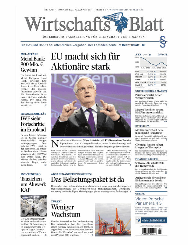 Titelseite des Wirtschaftsblatt mit einer Schlagzeile über die EU und Aktionäre.