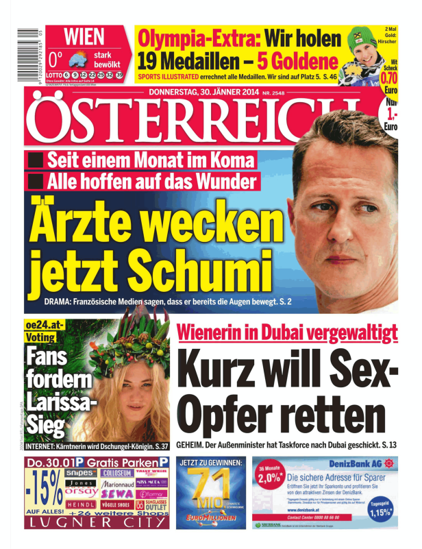 Titelseite der Zeitung „Österreich“ vom 30. Jänner 2014 mit Schlagzeilen zu Michael Schumacher und Larissa Marolt.