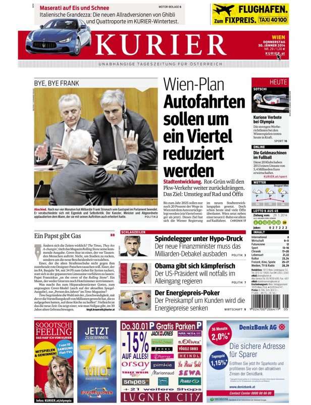Ein blauer Maserati auf Eis und Schnee, wie auf der Titelseite des Kurier zu sehen.