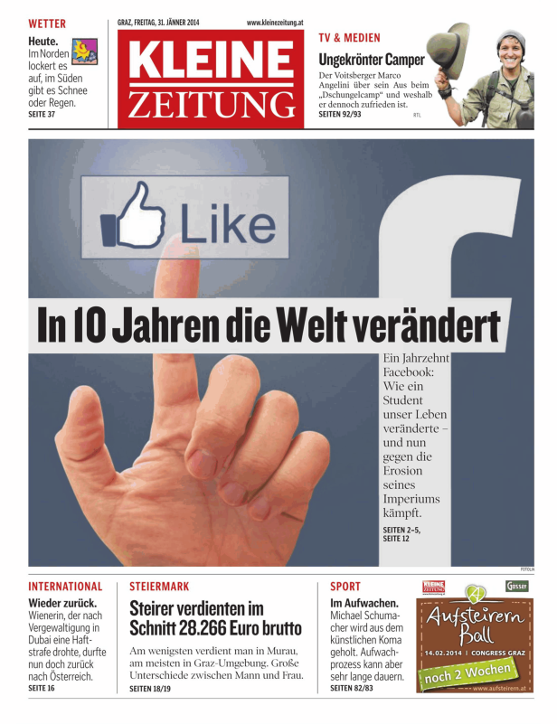 Titelseite der Kleinen Zeitung vom 31. Jänner 2014 mit dem Thema „10 Jahre Facebook“.