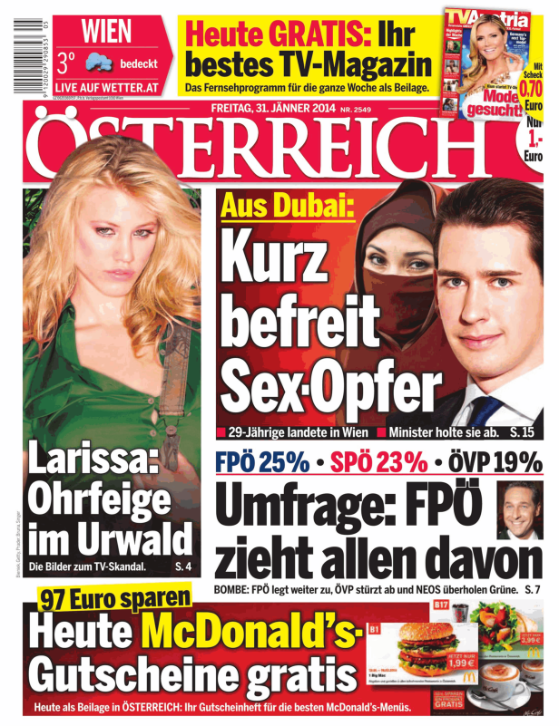 Titelseite der österreichischen Zeitung „Österreich“ vom 31. Januar 2014.