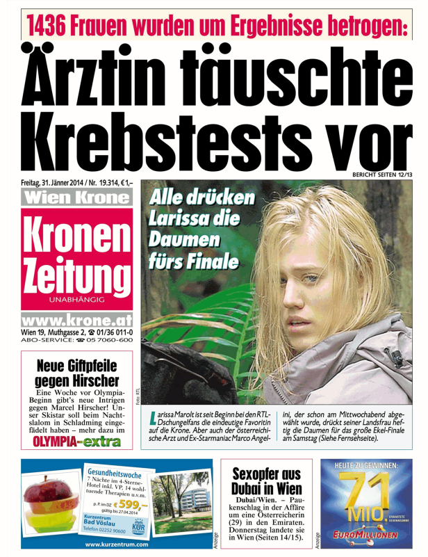 Titelseite der „Kronen Zeitung“ vom 31. Jänner 2014 mit Schlagzeilen zu verschiedenen Themen.