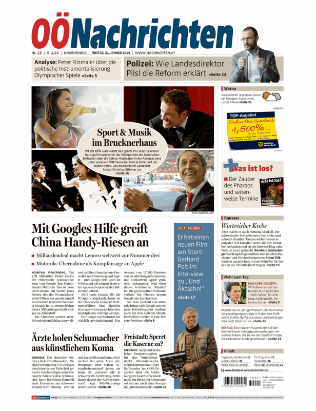 Titelseite der OÖNachrichten vom 31. Januar 2014 mit Artikeln zu Sport, Politik und Wirtschaft.