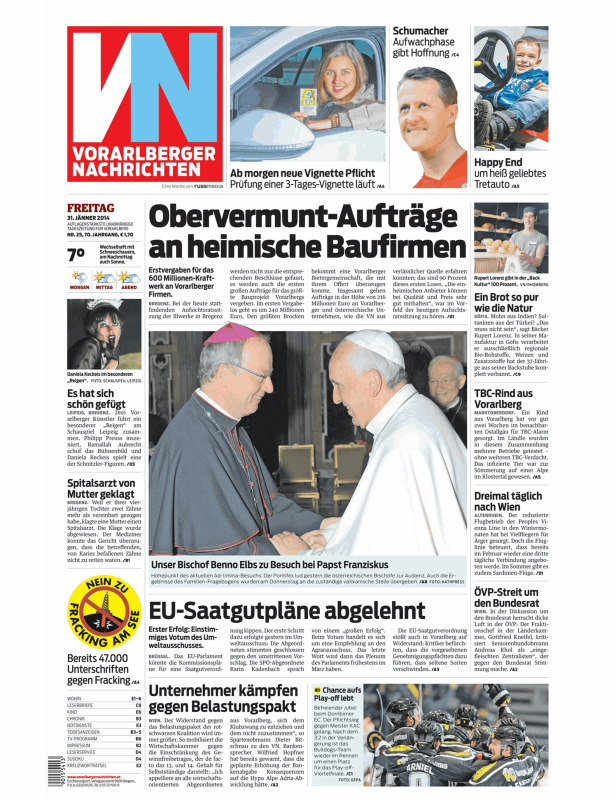 Titelseite der Vorarlberger Nachrichten vom 31. Januar 2014.