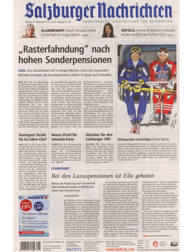 Titelseite der Salzburger Nachrichten vom 31. Jänner 2014.